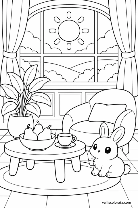 Breakfast in a Quiet Nook. A Kawaii coloring page from Small Quiet Moments. Download the branded PNG or A4 PDF.