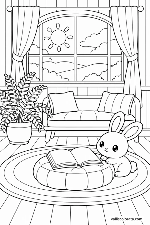 A Soft Rug and a Book. A Kawaii coloring page from Small Quiet Moments. Download the branded PNG or A4 PDF.