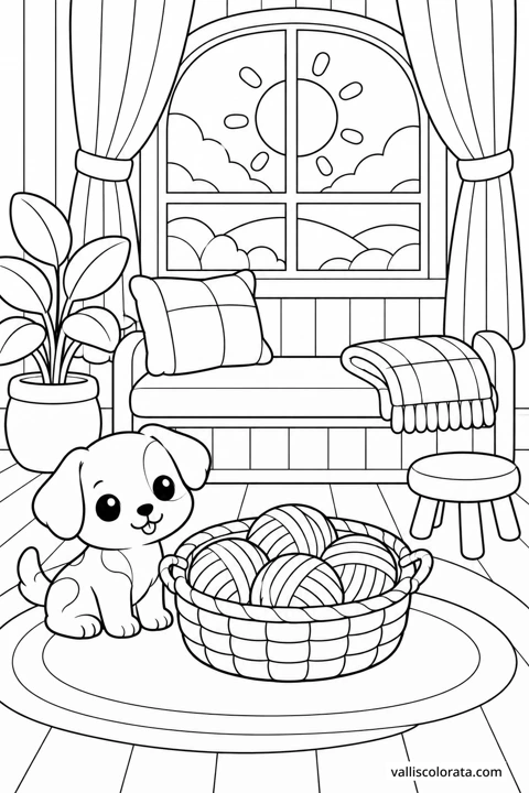 Sorting the Yarn Basket. A Kawaii coloring page from Small Quiet Moments. Download the branded PNG or A4 PDF.