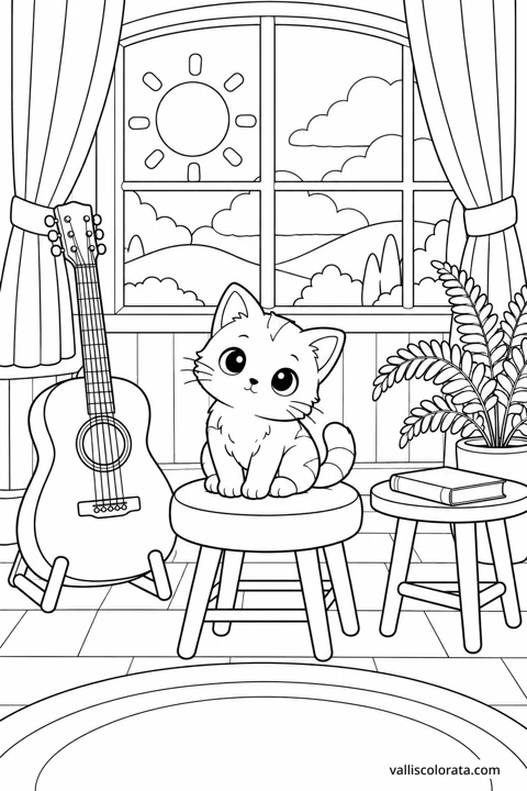 A Quiet Music Corner. A Kawaii coloring page from Small Quiet Moments. Download the branded PNG or A4 PDF.