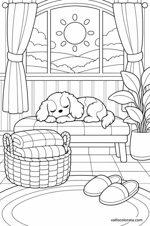 Slippers beside the Blanket Basket. A Kawaii coloring page from Small Quiet Moments. Download the branded PNG or A4 PDF.