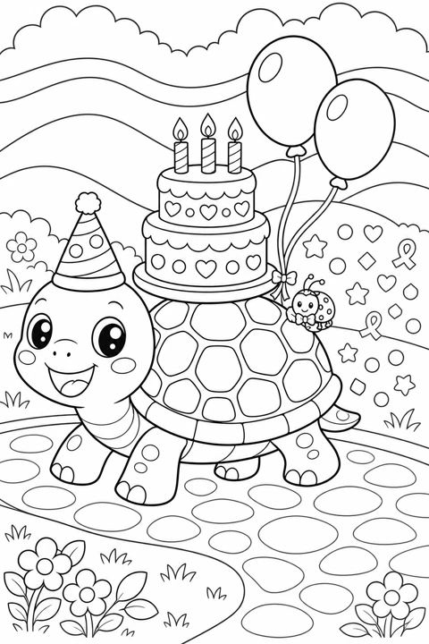 A smiling turtle carries a birthday cake with candles, surrounded by balloons and flowers.